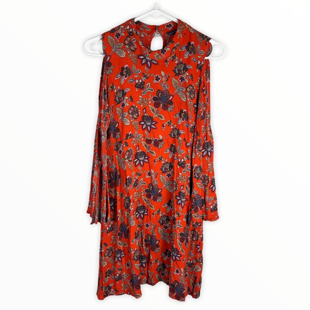 American Eagle Cold Shoulder Boho Bell Long Sleeve Dress Mini Orange Floral Sz M